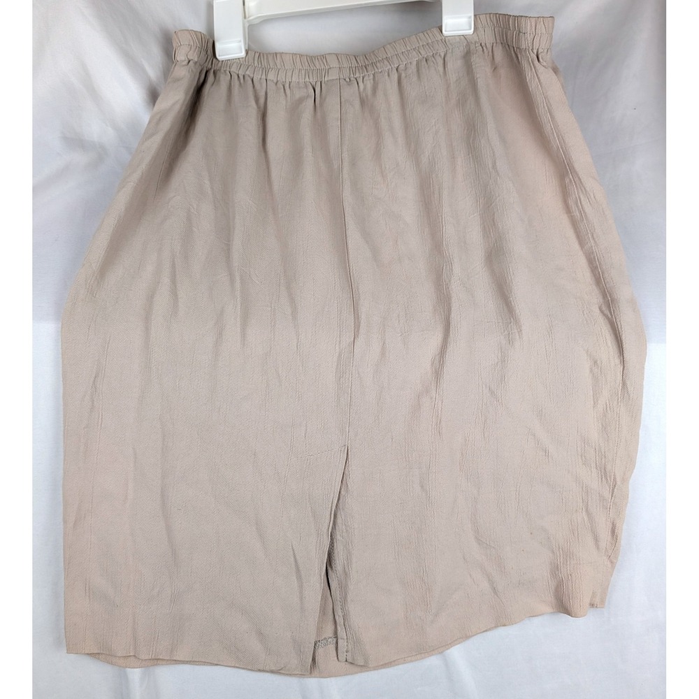 Vintage Beige Midi Skirt Elastic Waist Textured Acetate Rayon Made in USA Sz 16